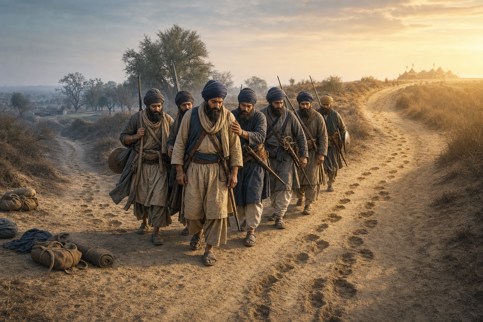A group of Sikh men turns back together on a dusty Punjab road as sunrise illuminates the path ahead.