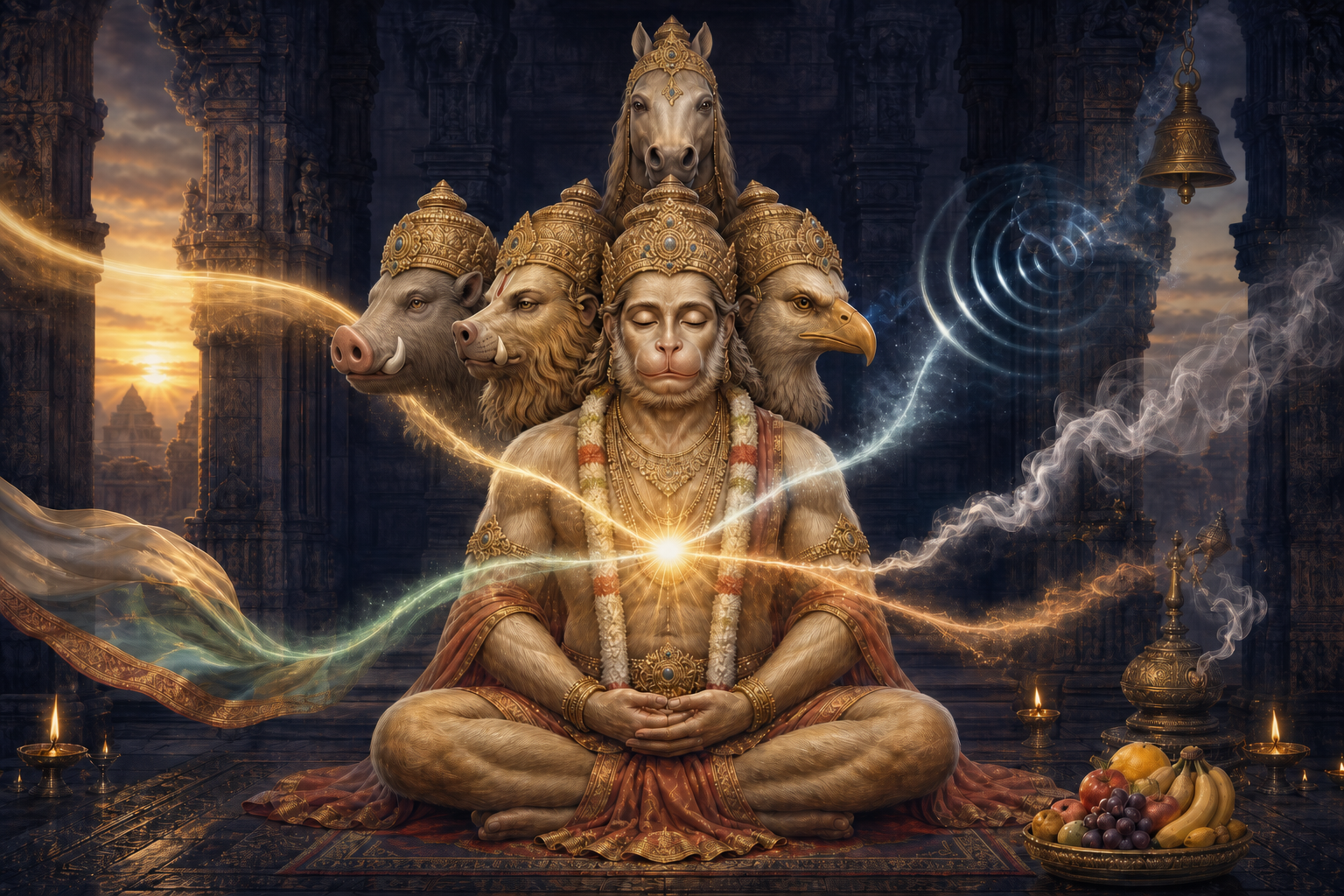 Five-faced Hanuman meditates in a lamp-lit stone temple as subtle streams of light, incense, sound ripples, fruit, and moving cloth converge near the heart.