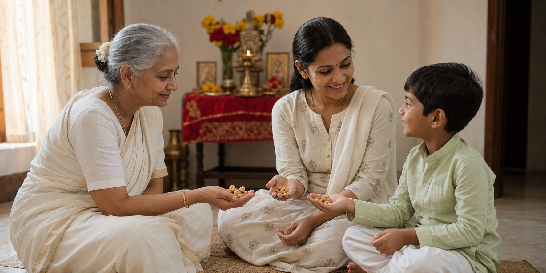 Three generations share jaggery and roasted chickpea prasad beside a simple home altar.