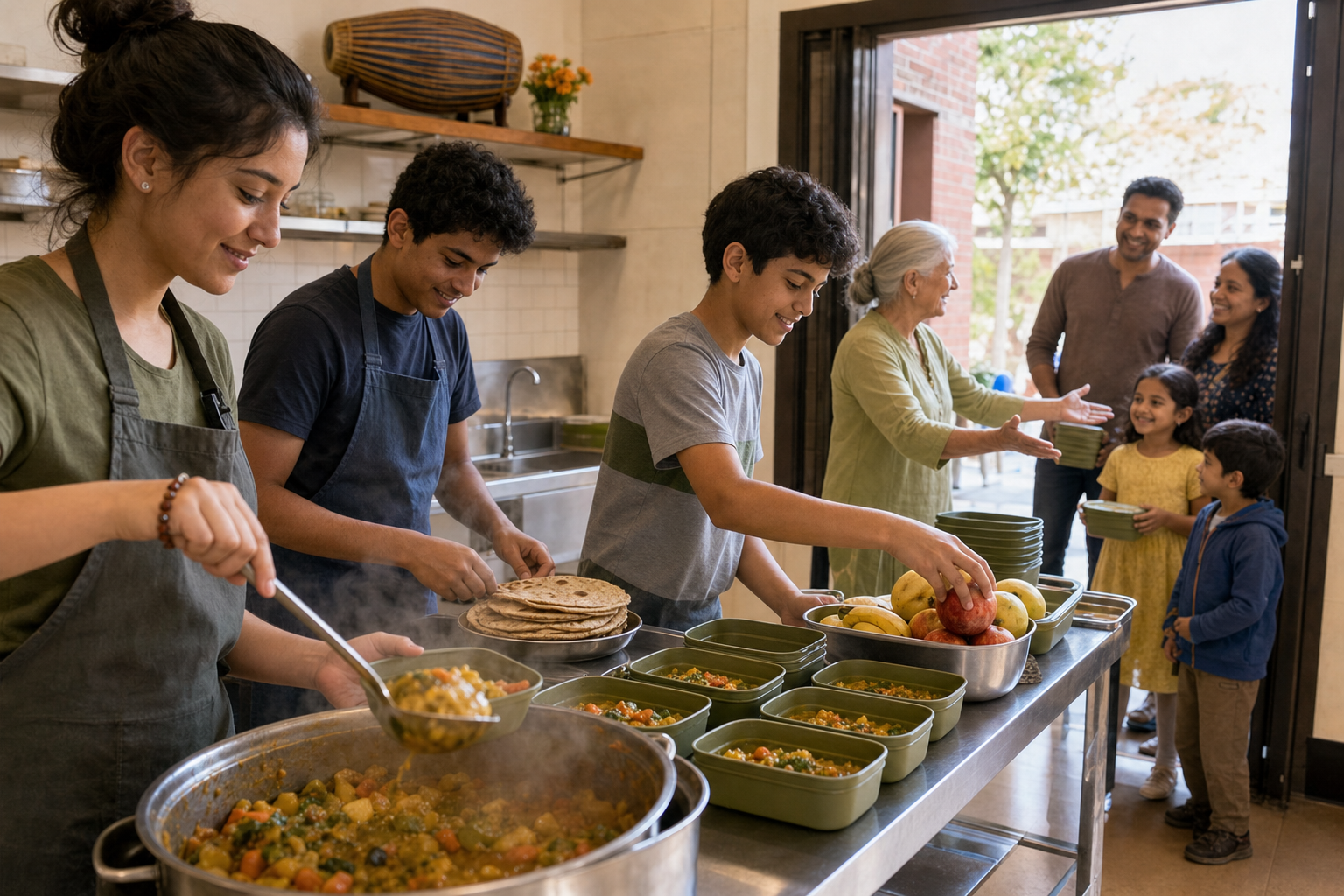 Volunteers of different ages prepare and distribute vegetarian meals in a bright community kitchen while a family waits at the doorway.