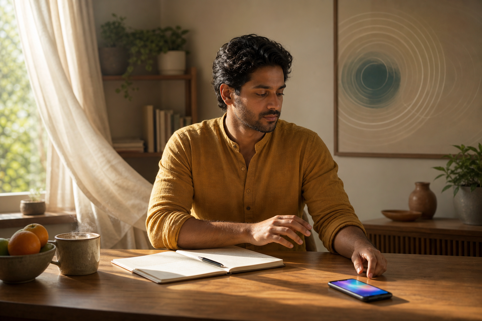A person at a wooden desk notices a glowing phone but keeps both hands relaxed beside an open notebook while other sensory cues fill the quiet room.