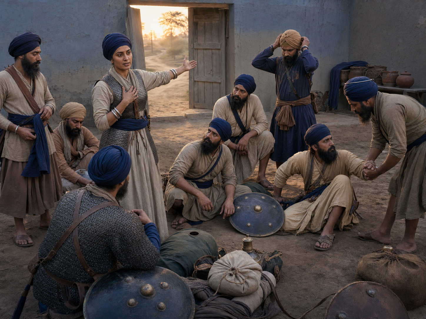 Mai Bhago addresses a circle of Sikh men in a rural courtyard as several begin gathering their equipment to return.