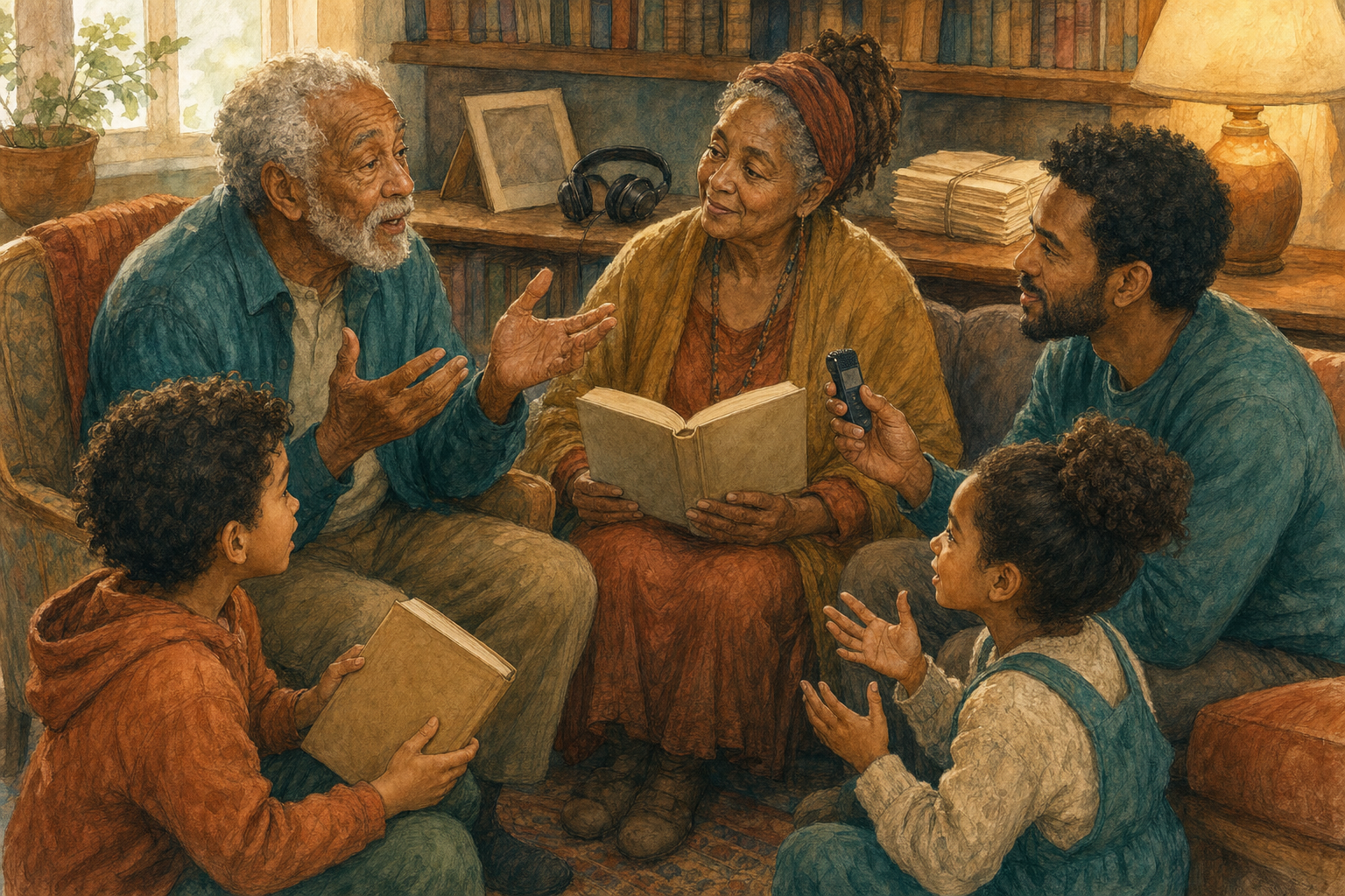 An older adult recites while family members read, record the voice, listen, and discuss books together in a home library.