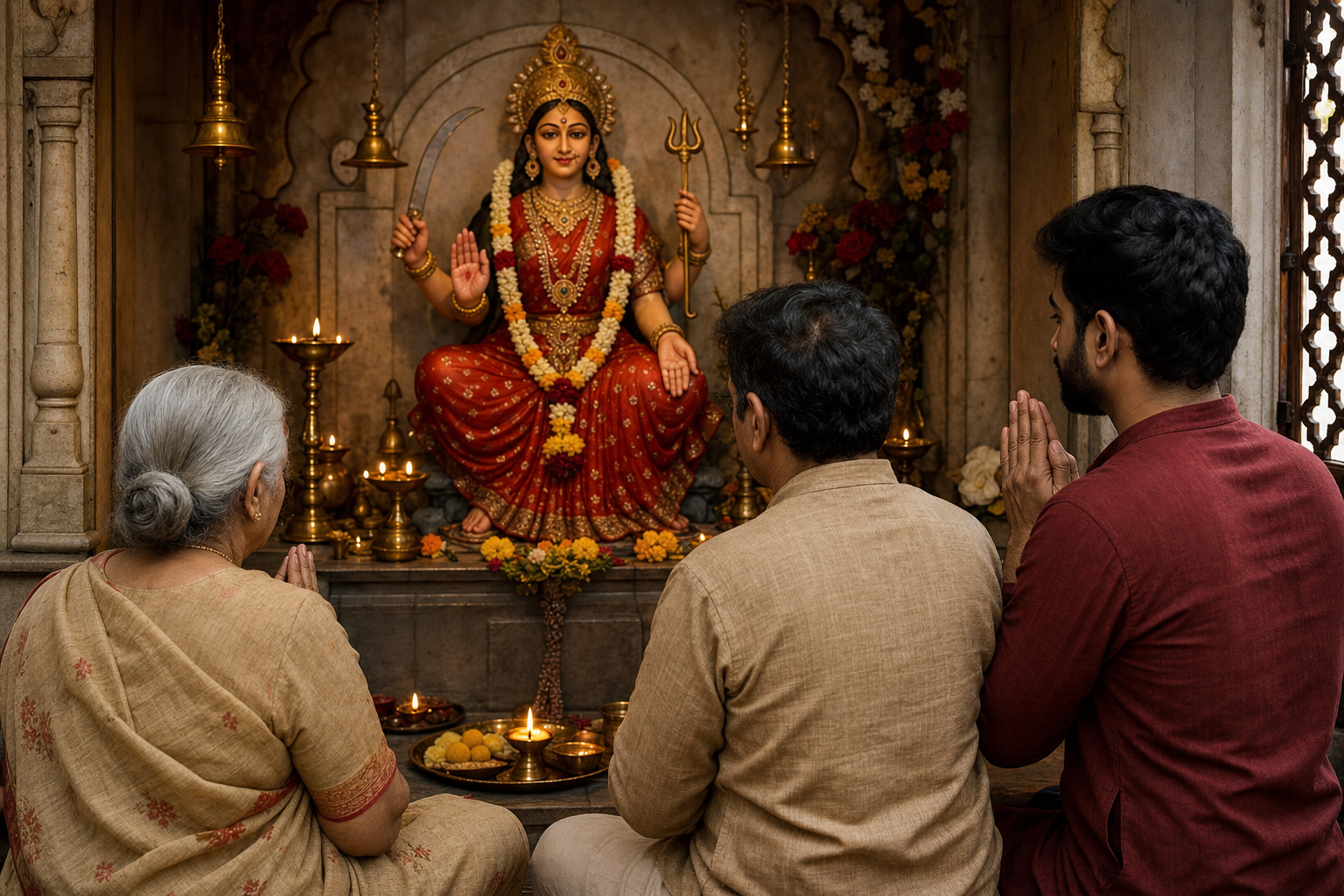 Worshippers of different generations pray before a garlanded image of Santoshi Mata in a contemporary shrine.