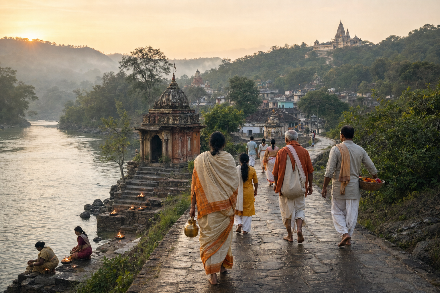 Pilgrims walk along a curving stone path beside a river, linking a riverside shrine with a distant temple in wooded hills at dawn.