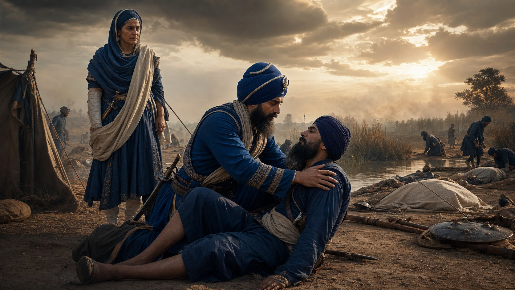 Guru Gobind Singh supports a wounded Sikh warrior beside the Khidrana reservoir while Mai Bhago and attendants remain among the battle's aftermath.