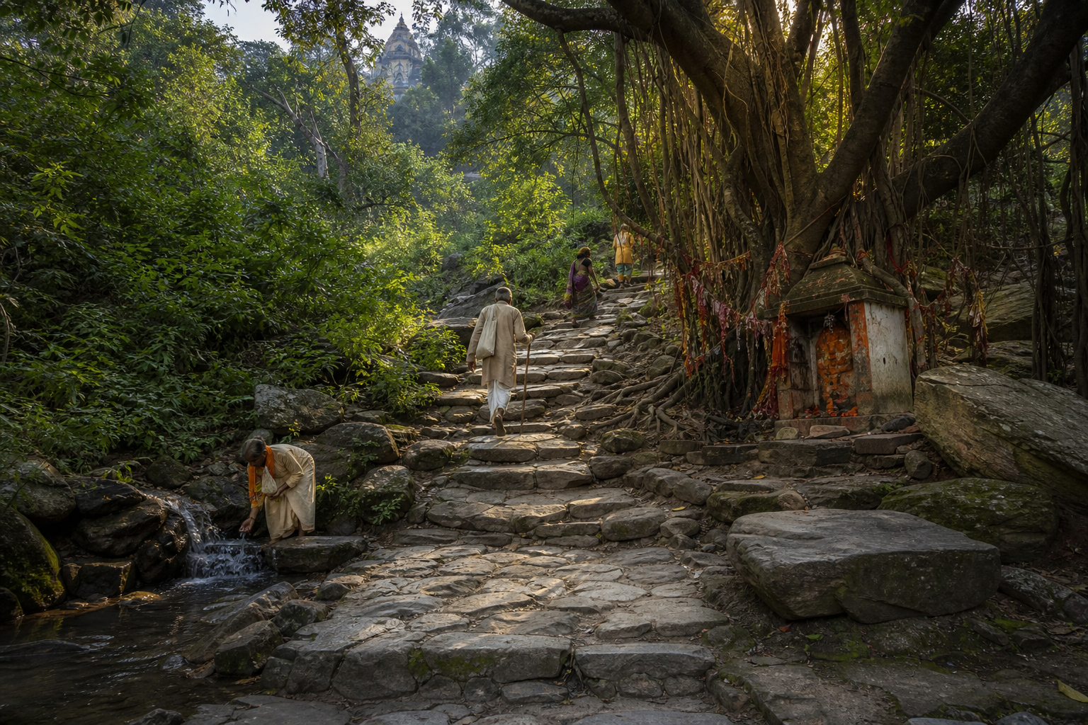 Pilgrims pause at a spring and a small shrine while following worn stone steps through a wooded pilgrimage route.