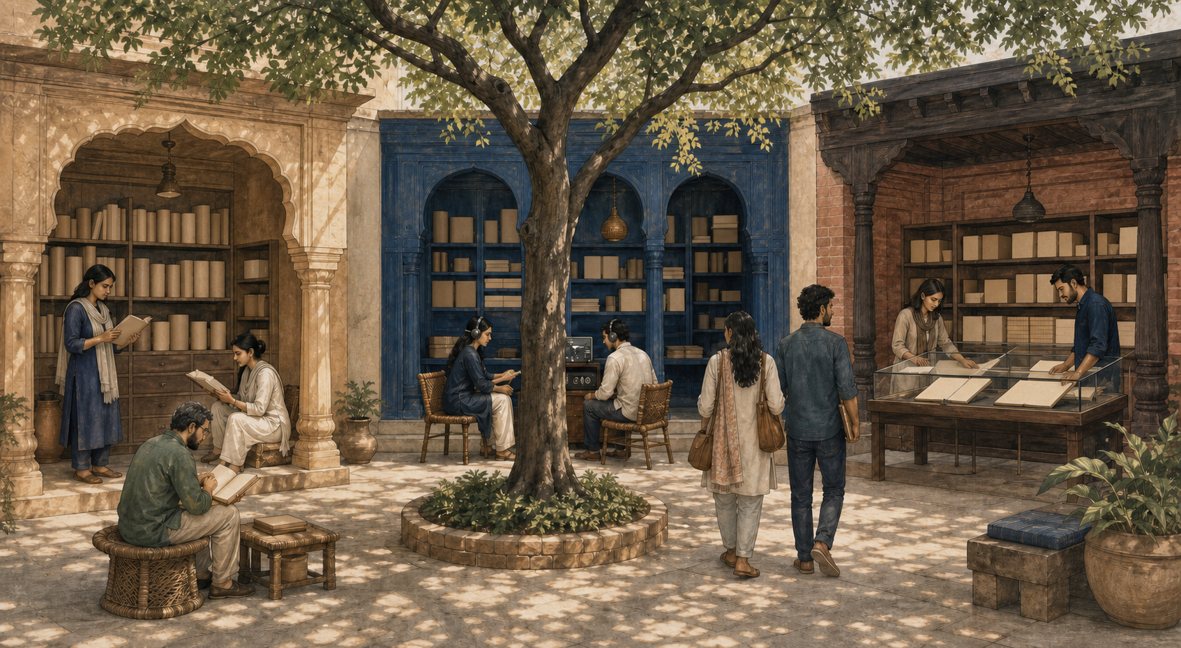 Readers compare books, manuscript leaves, and an oral-history recording in three distinct archive alcoves surrounding a shared courtyard tree.