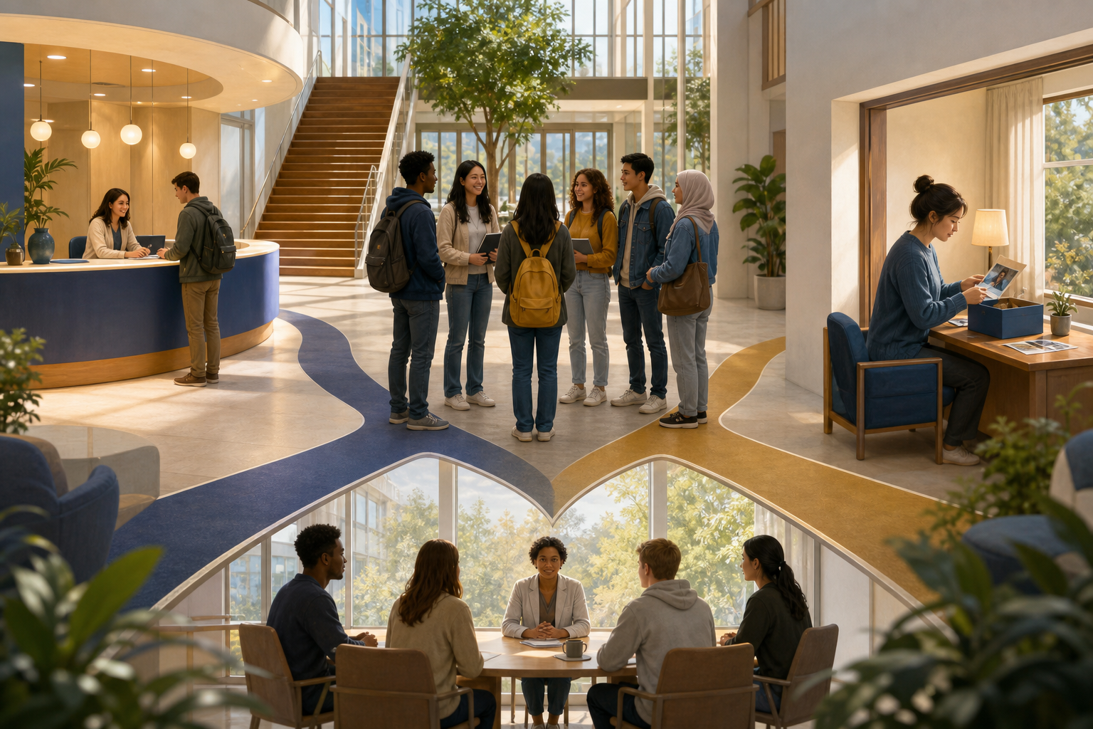 Students stand in a campus atrium between paths leading to a help desk, an evidence-organizing area, and a balanced meeting room.