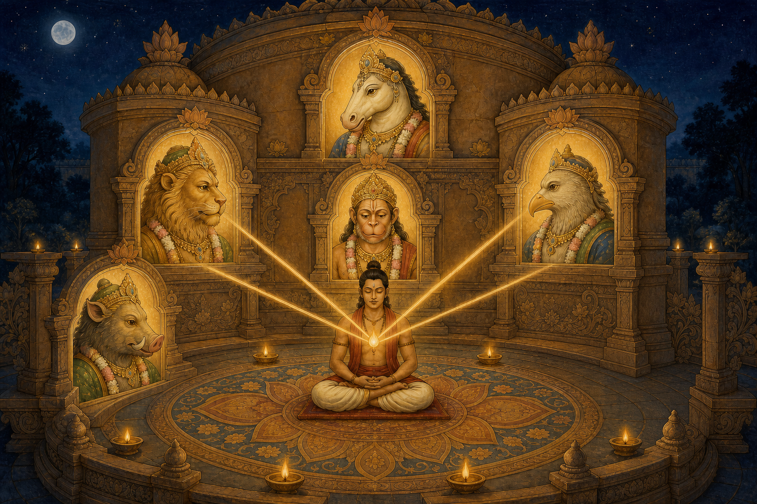 A meditator sits in a circular pavilion surrounded by five illuminated arches containing the faces of Hanuman, Narasimha, Garuda, Varaha, and Hayagriva.