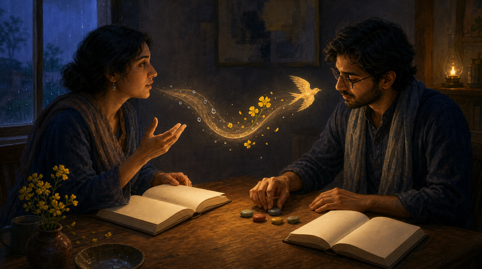 Two translators work across a table as a ribbon of light carrying blossoms, raindrops, and a bird links their open books and spoken rhythm.