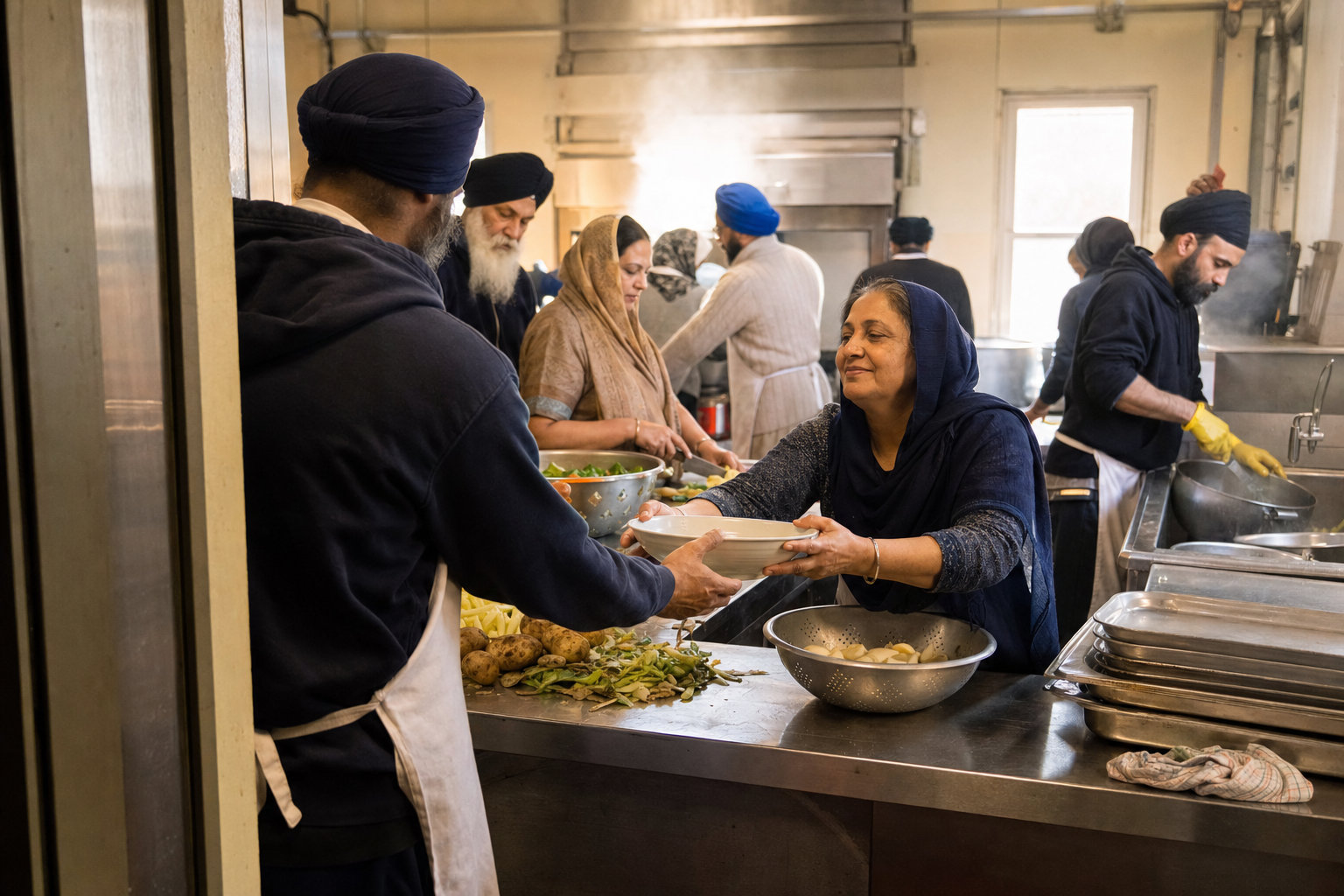 A Sikh volunteer returns to a gurdwara community kitchen and joins other volunteers preparing food and cleaning cookware.