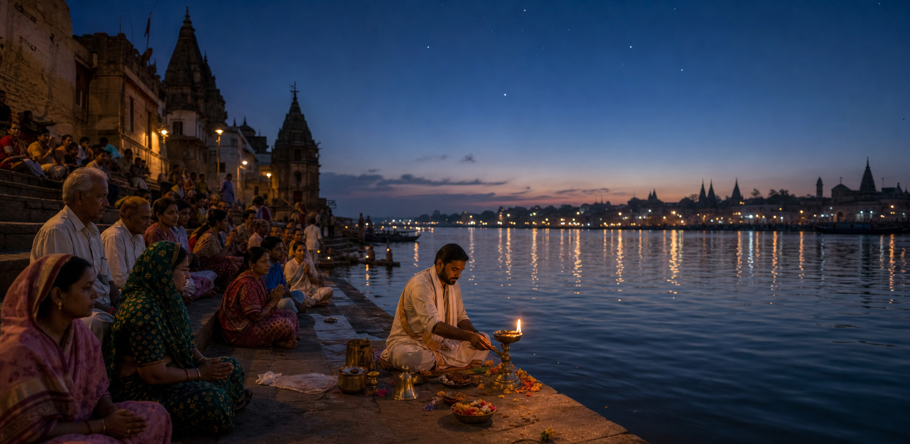 Worshippers gather on stone river steps at dusk as a priest tends an oil lamp reflected in the water.