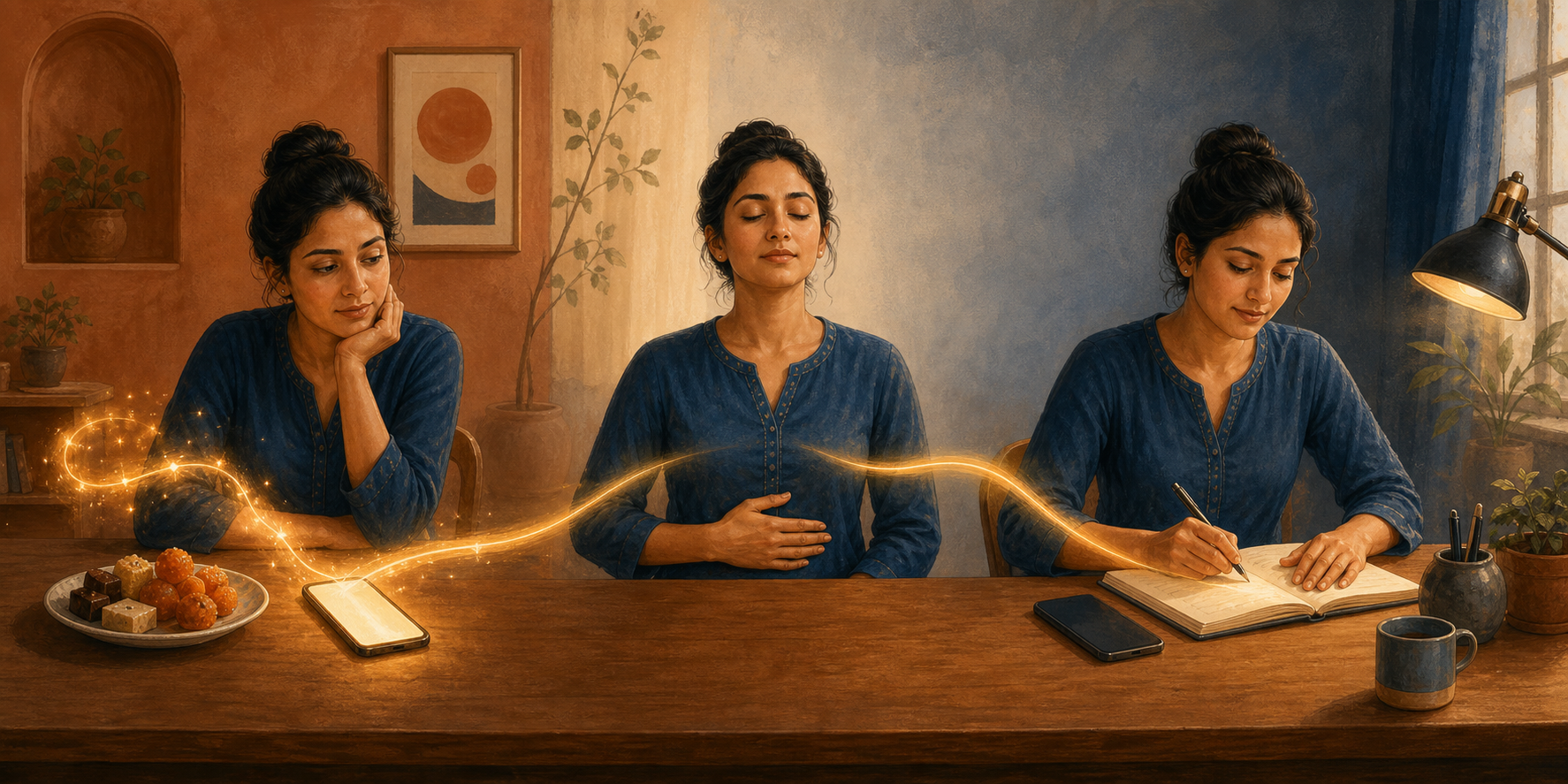 Three connected scenes show a practitioner noticing a phone and sweets, pausing to regulate the breath, and then returning attention to work.