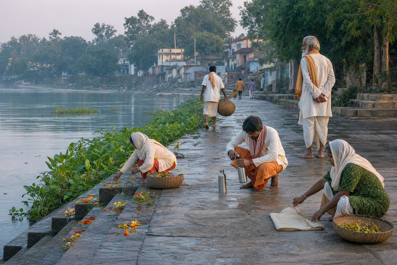 Pilgrims and local caretakers clean a riverside path and pack reusable vessels before leaving for nearby village homes.