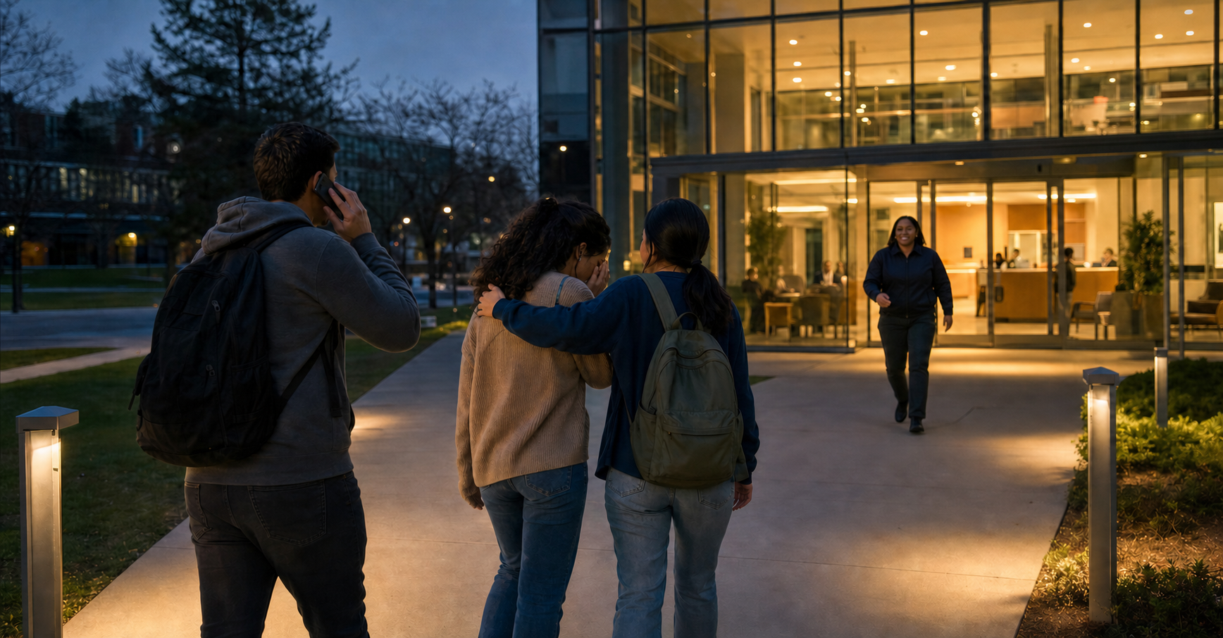 Two students seek help at a brightly lit campus reception area while one uses a phone and a staff member approaches.
