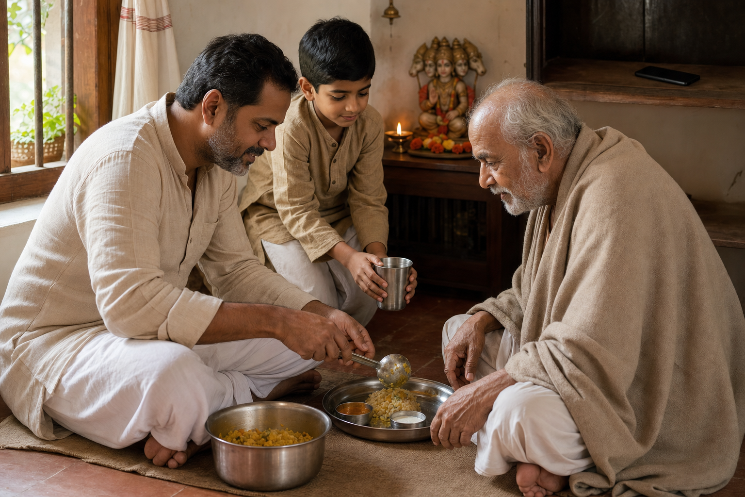 A householder serves food and water to an elderly neighbor while a child assists, with a small five-faced Hanuman shrine visible in the background.