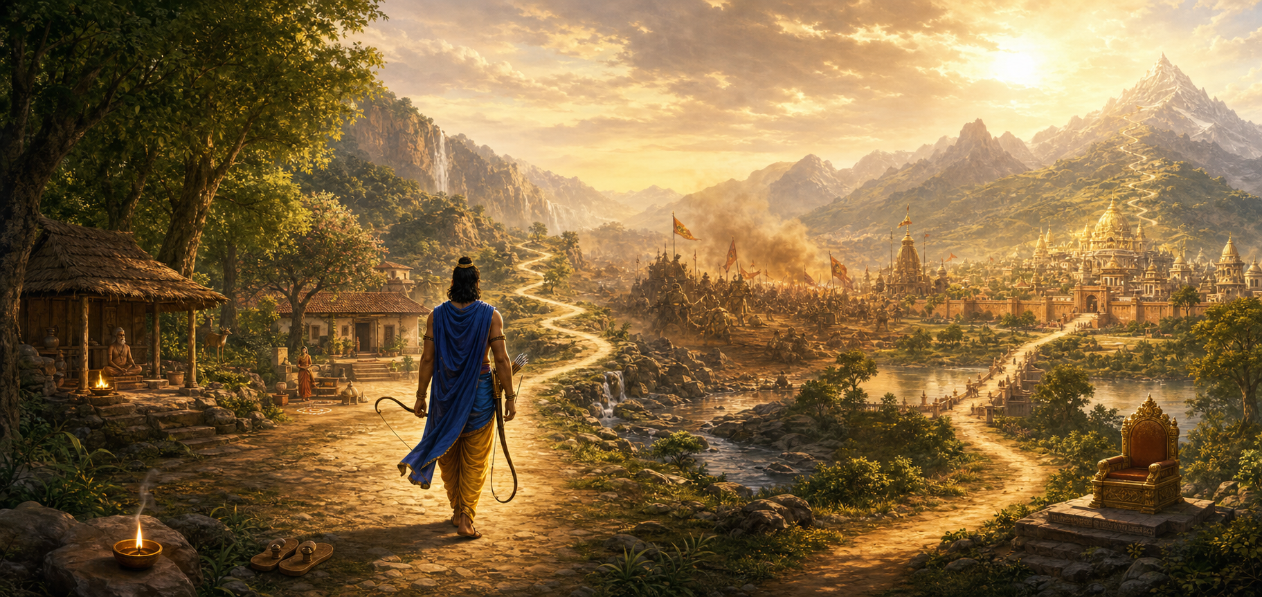 A blue-clad prince walks along a luminous path connecting a forest hermitage, household courtyard, wilderness, battlefield, peaceful kingdom, and distant mountain horizon.