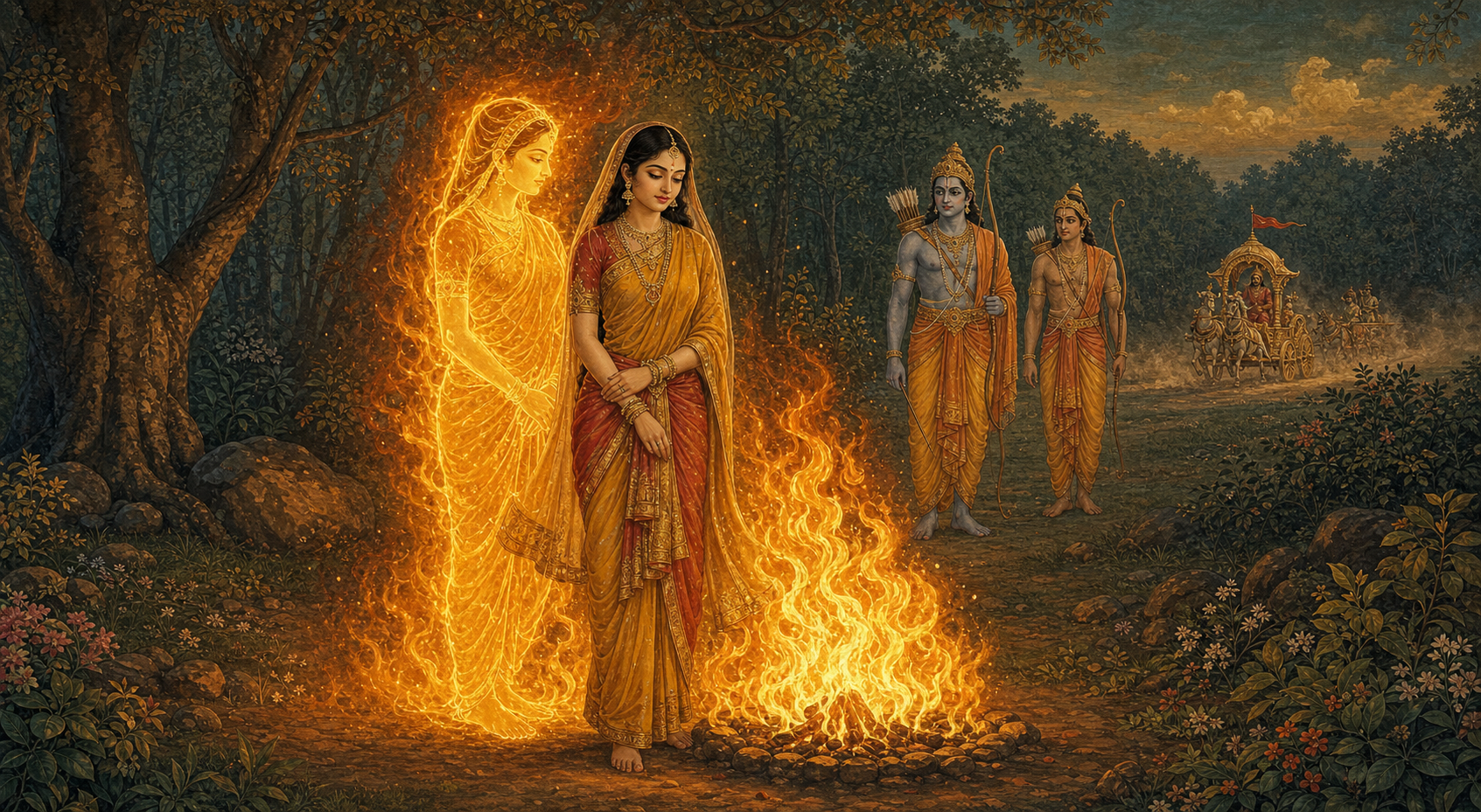 Sita stands beside a sacred fire as a second luminous form emerges from the flames, with Rama, Lakshmana, and Ravana's distant chariot in the surrounding forest.