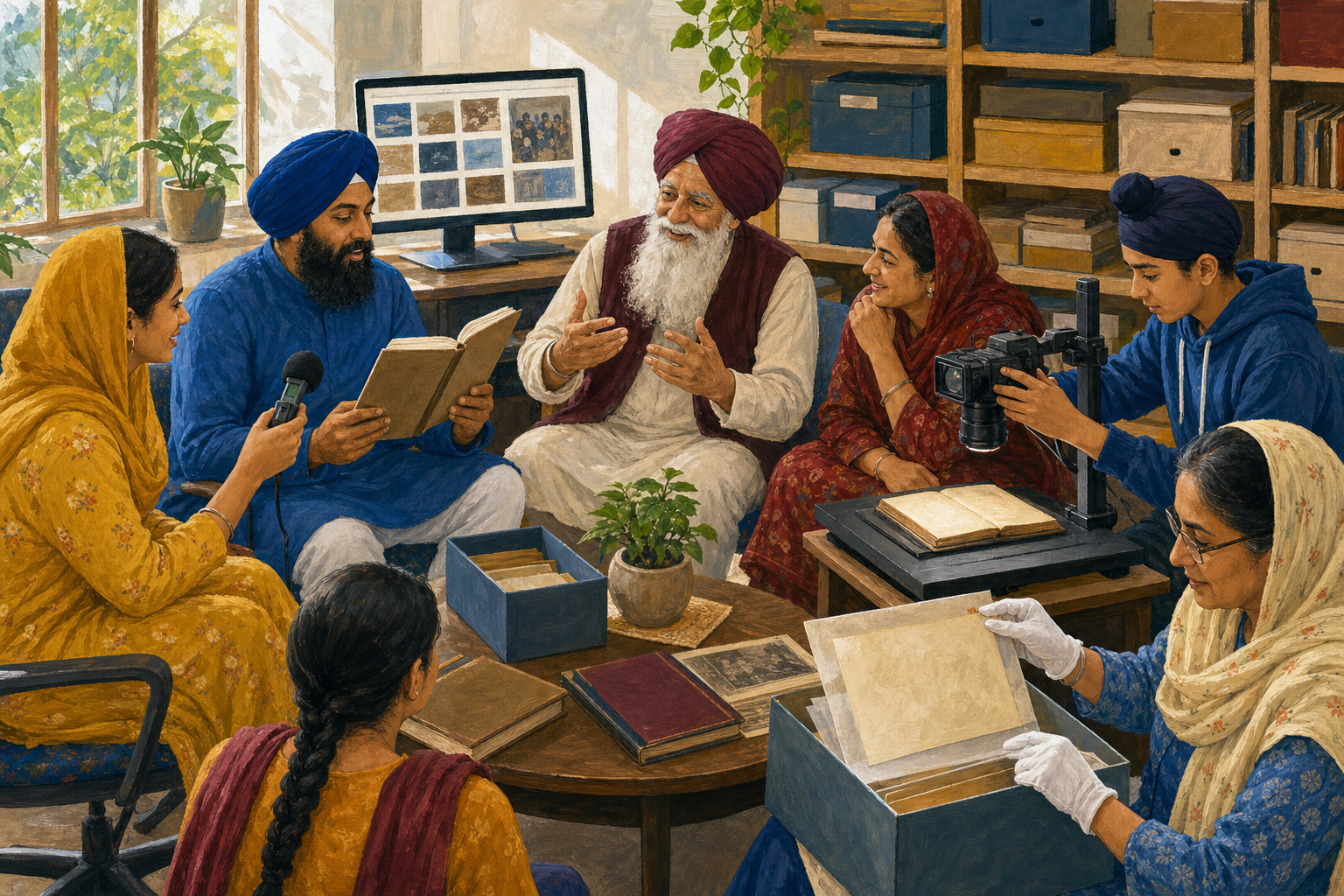 A multigenerational reading circle records an oral reading, photographs an old book, discusses a keepsake, and stores pages in an archival box.