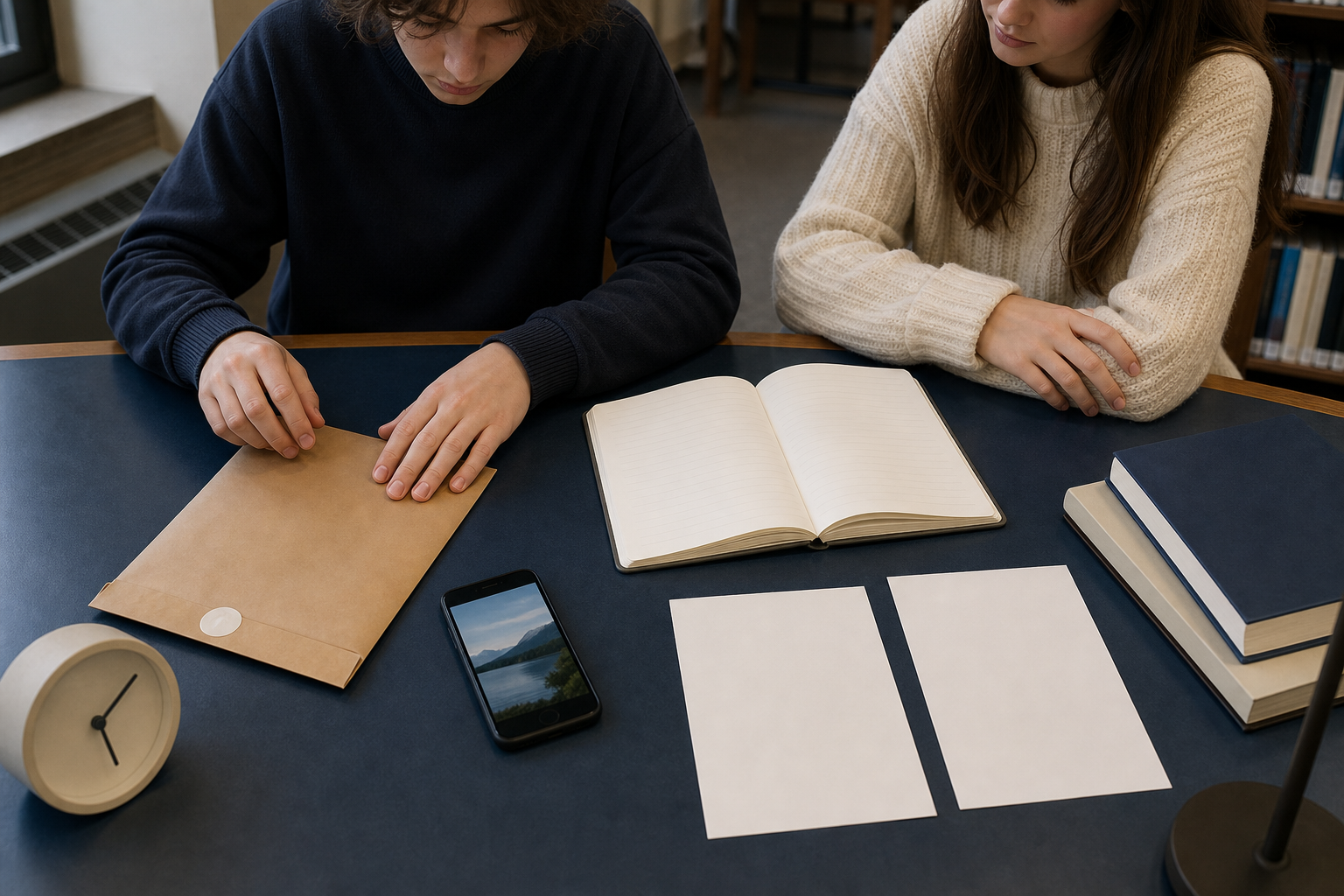 A student organizes an envelope, blank notebook, phone, clock, and duplicate papers on a library table while a friend sits nearby.