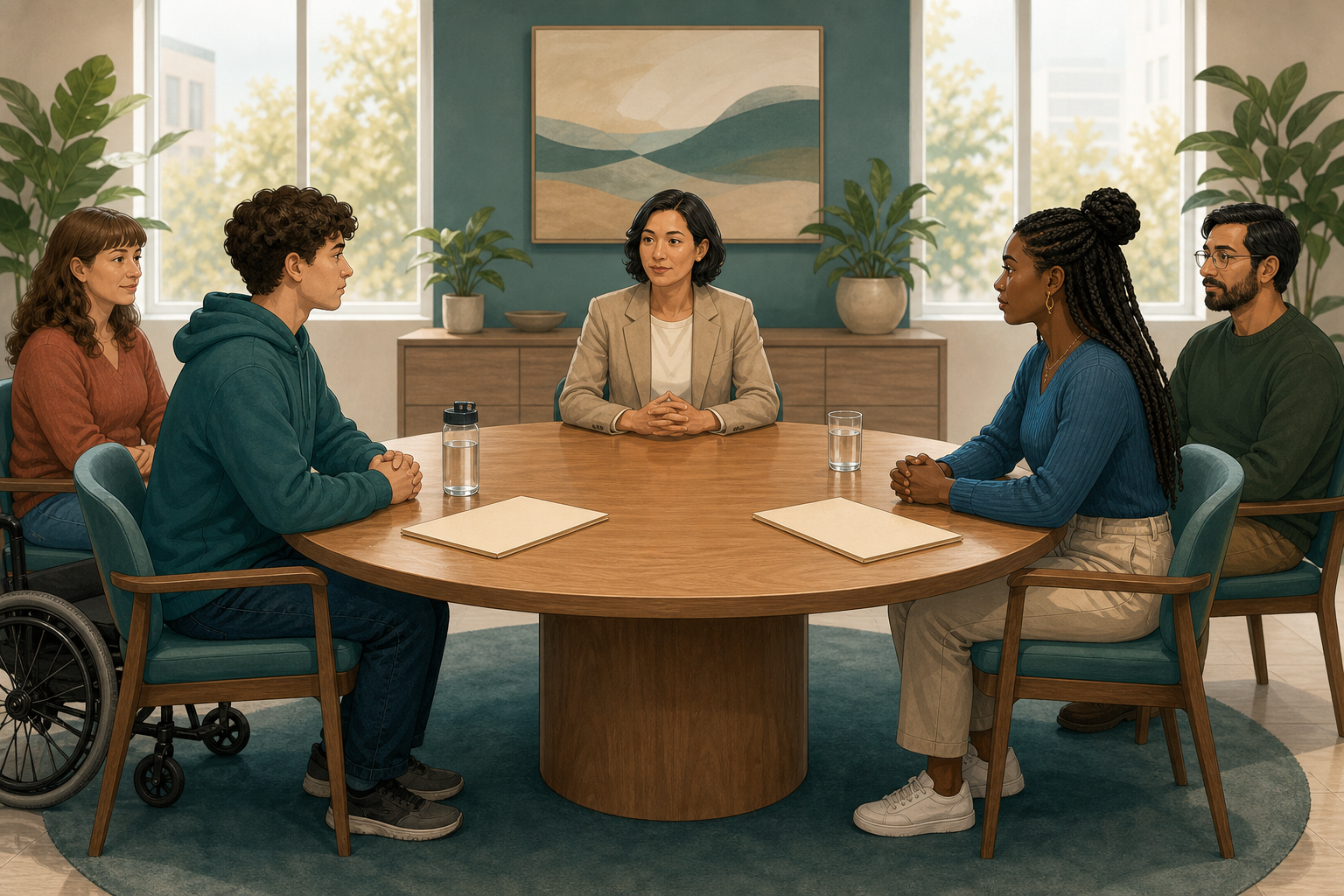 A neutral facilitator and two equally supported students sit in balanced positions around a round meeting table.