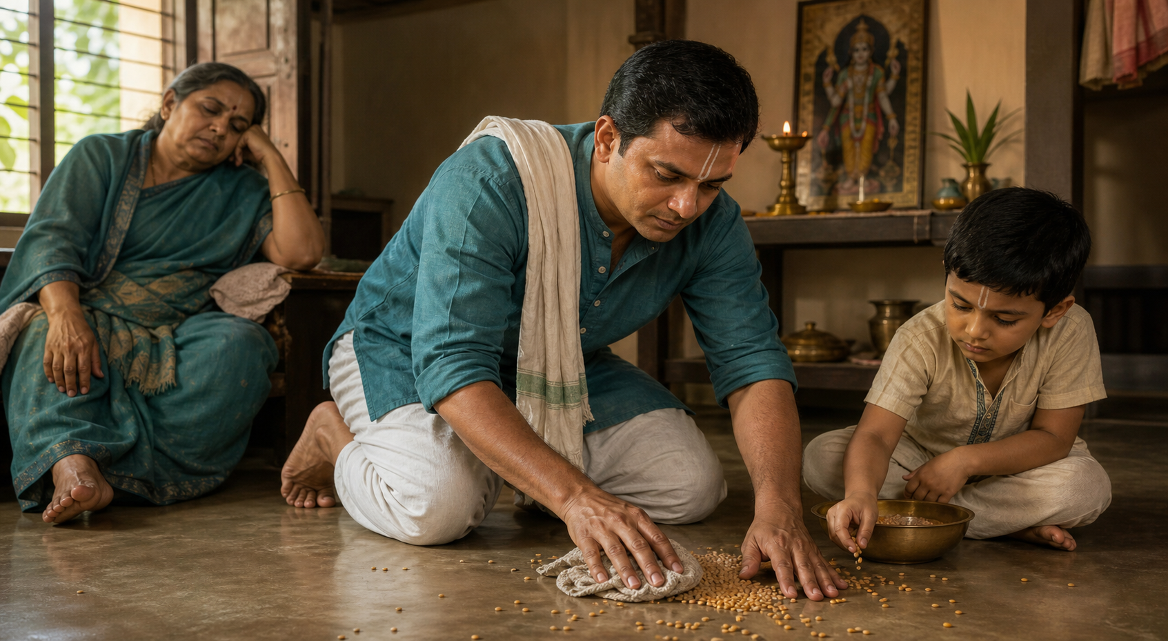 A householder cleans spilled lentils with a child in a modest home while another family member rests and a small altar stands in the background.