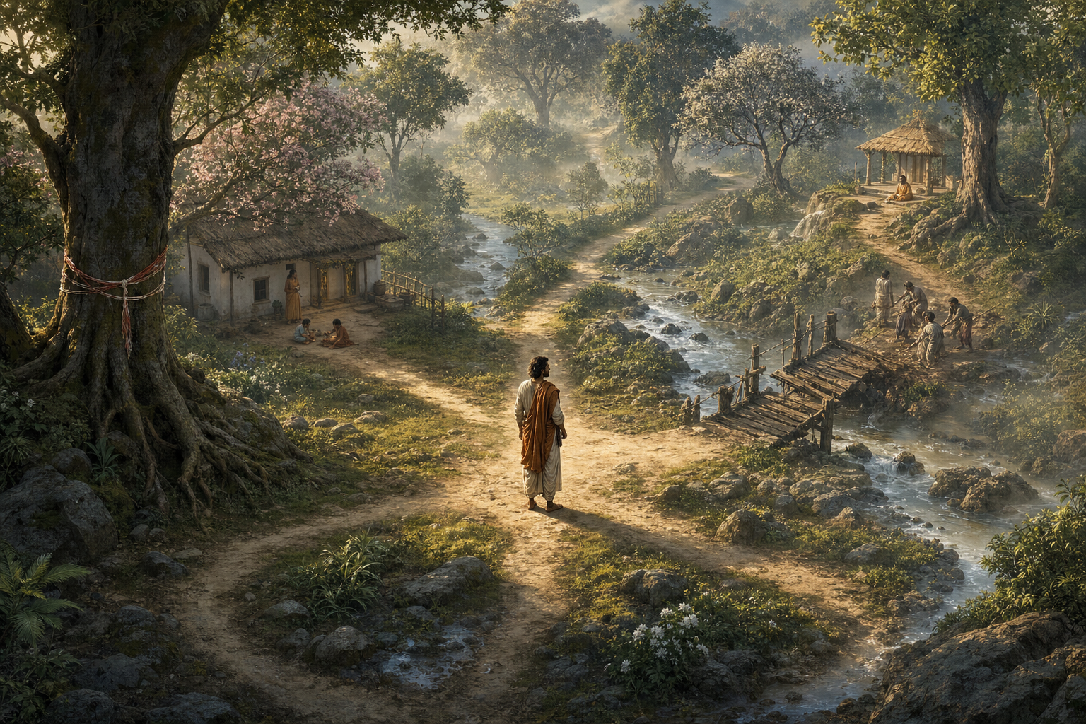 A traveler studies several branching forest paths leading toward a home, a broken bridge, a hermitage, and other landscapes before the paths reconnect.