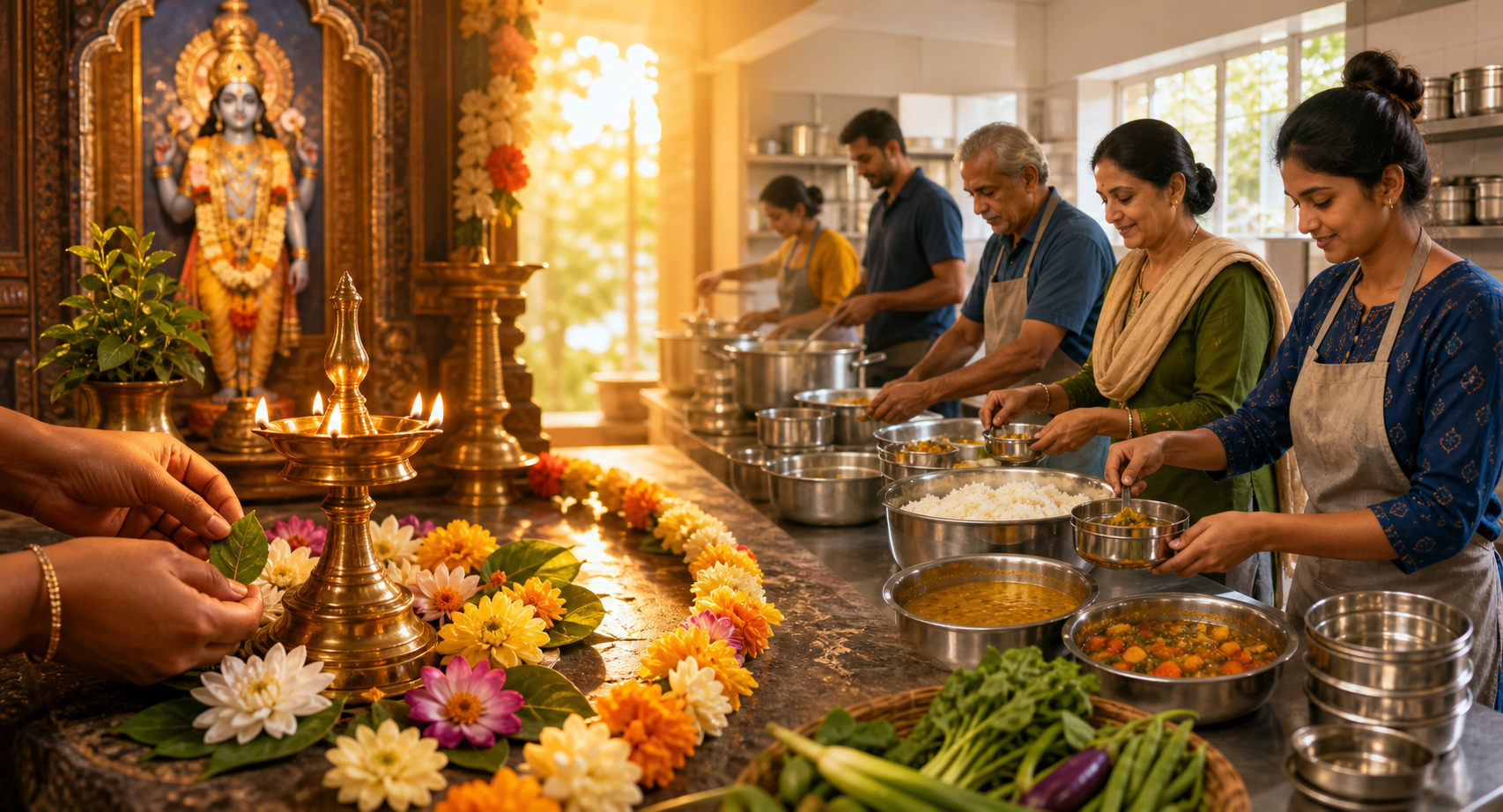 Offerings at a small Vishnu altar visually lead into a community kitchen where volunteers portion a meal into metal bowls.