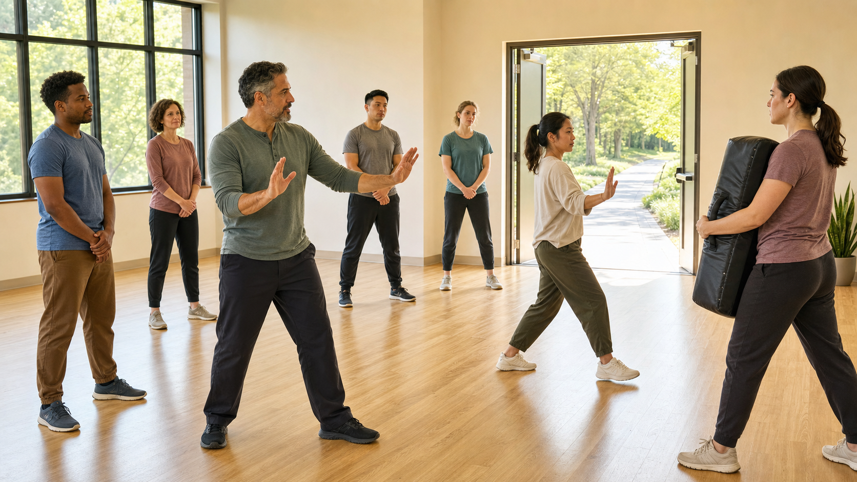 An instructor shows students an open-handed protective stance and movement toward an exit in a campus recreation studio.