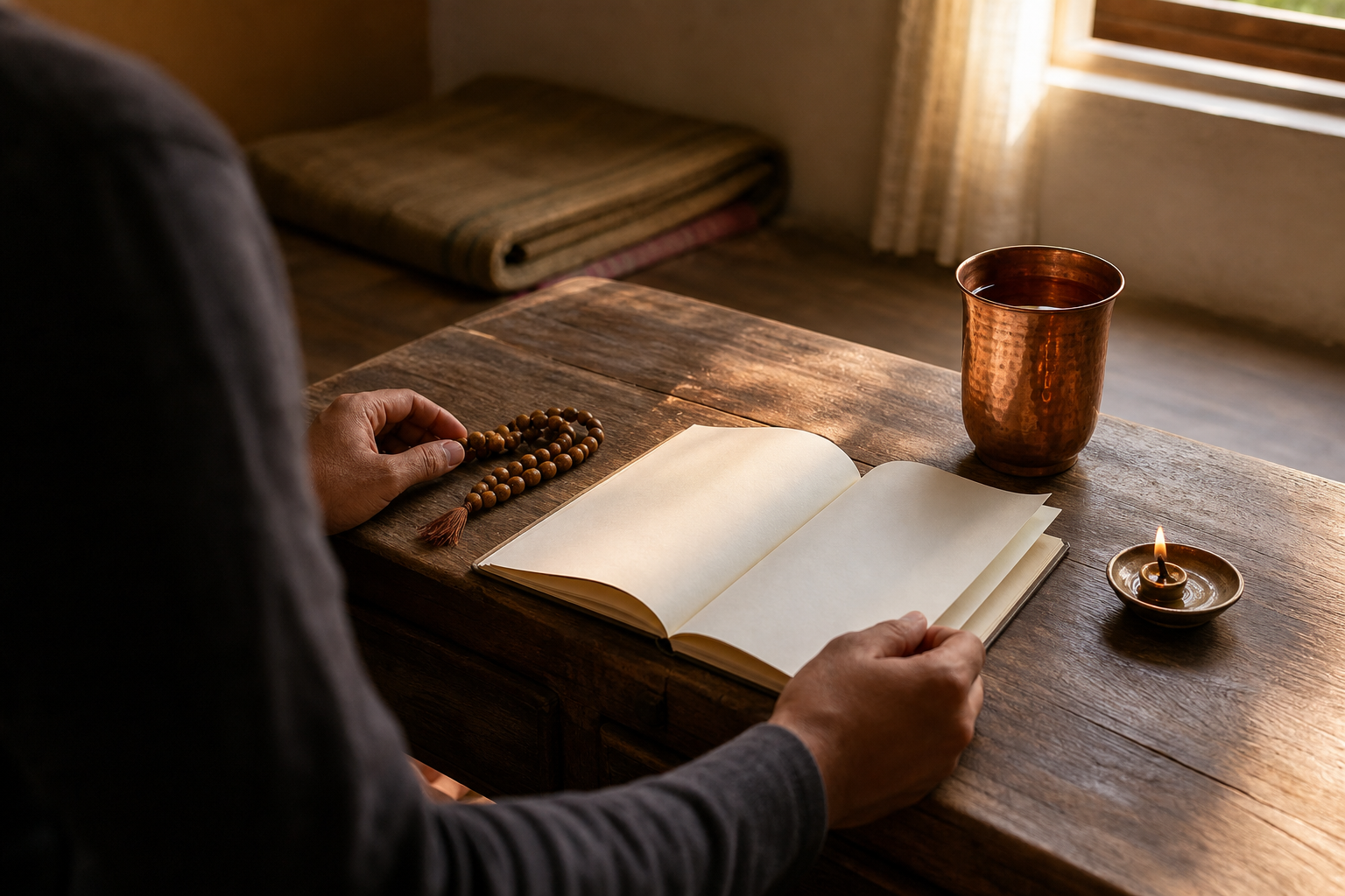 A seated person opens a blank notebook beside prayer beads, a copper cup, and a lit oil lamp in the morning.