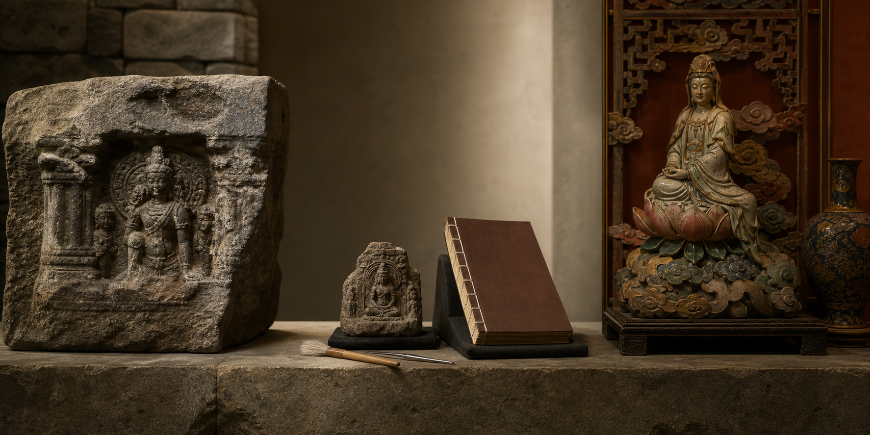 Three connected scenes show a surviving carved stone, an artifact beside a closed manuscript, and an Indic-derived motif adapted within Chinese religious decoration.