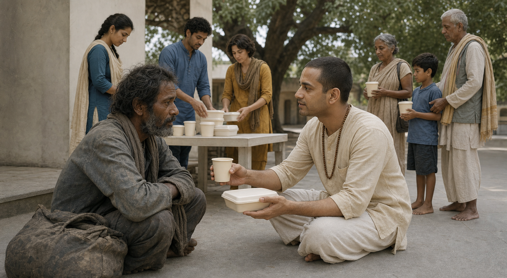 A seated volunteer listens to a distressed traveler and offers water and food while other volunteers organize supplies in a shaded courtyard.