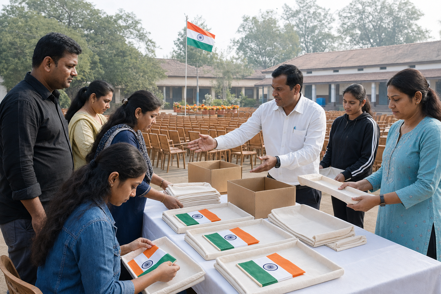 Teachers, students, parents, and volunteers prepare cloth-lined flag collection trays at a Republic Day venue in Buldhana before the crowd arrives.