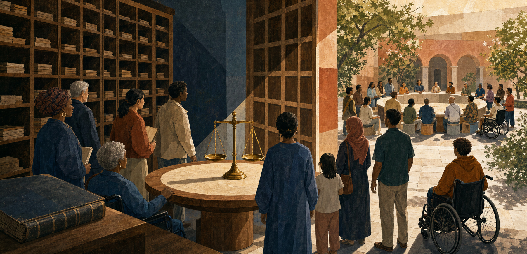 A diverse group stands between the rigid pigeonholes of an old administrative archive and an open, accessible civic courtyard with a round table and brass balance.