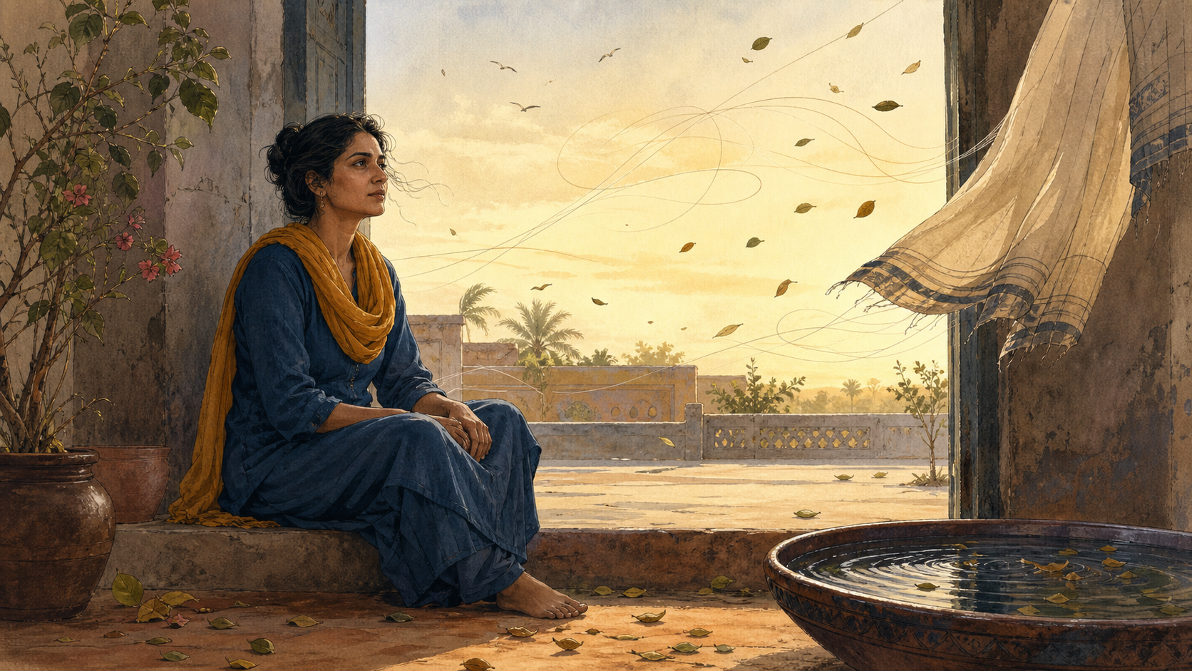 An adult sits with open eyes at a courtyard threshold while wind moves leaves and cloth around them in the dawn light.