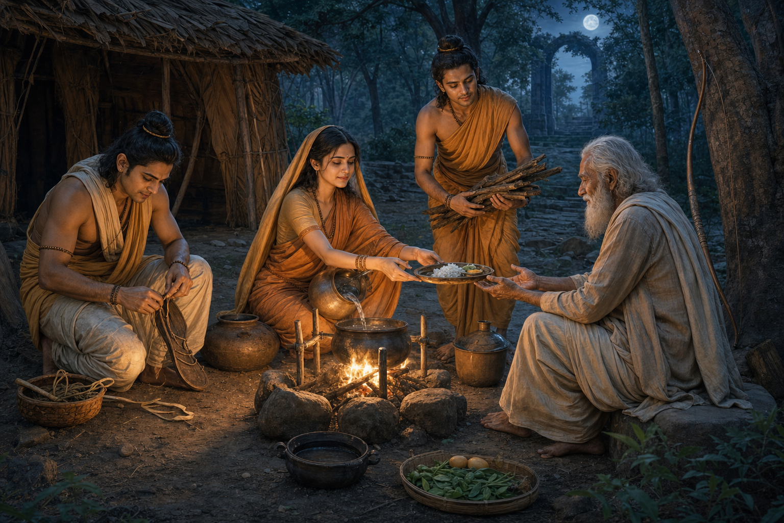 A royal couple and their companion share household tasks and serve an elderly visitor beside a simple forest dwelling during exile.