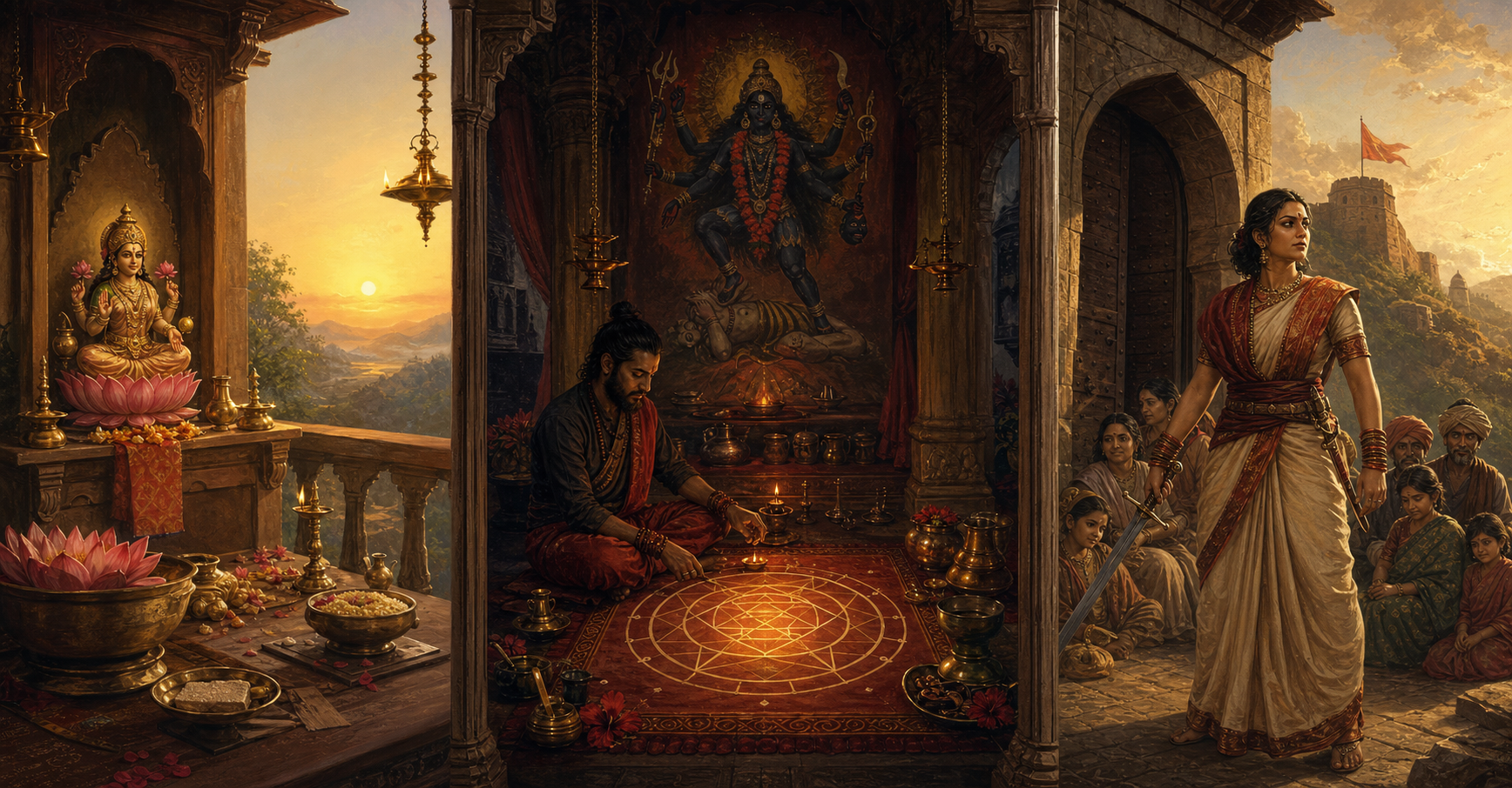 Three-part illustration showing a Lakshmi household altar, a seated practitioner in a Tantric ritual space, and a woman defender at an Indian hill fort.