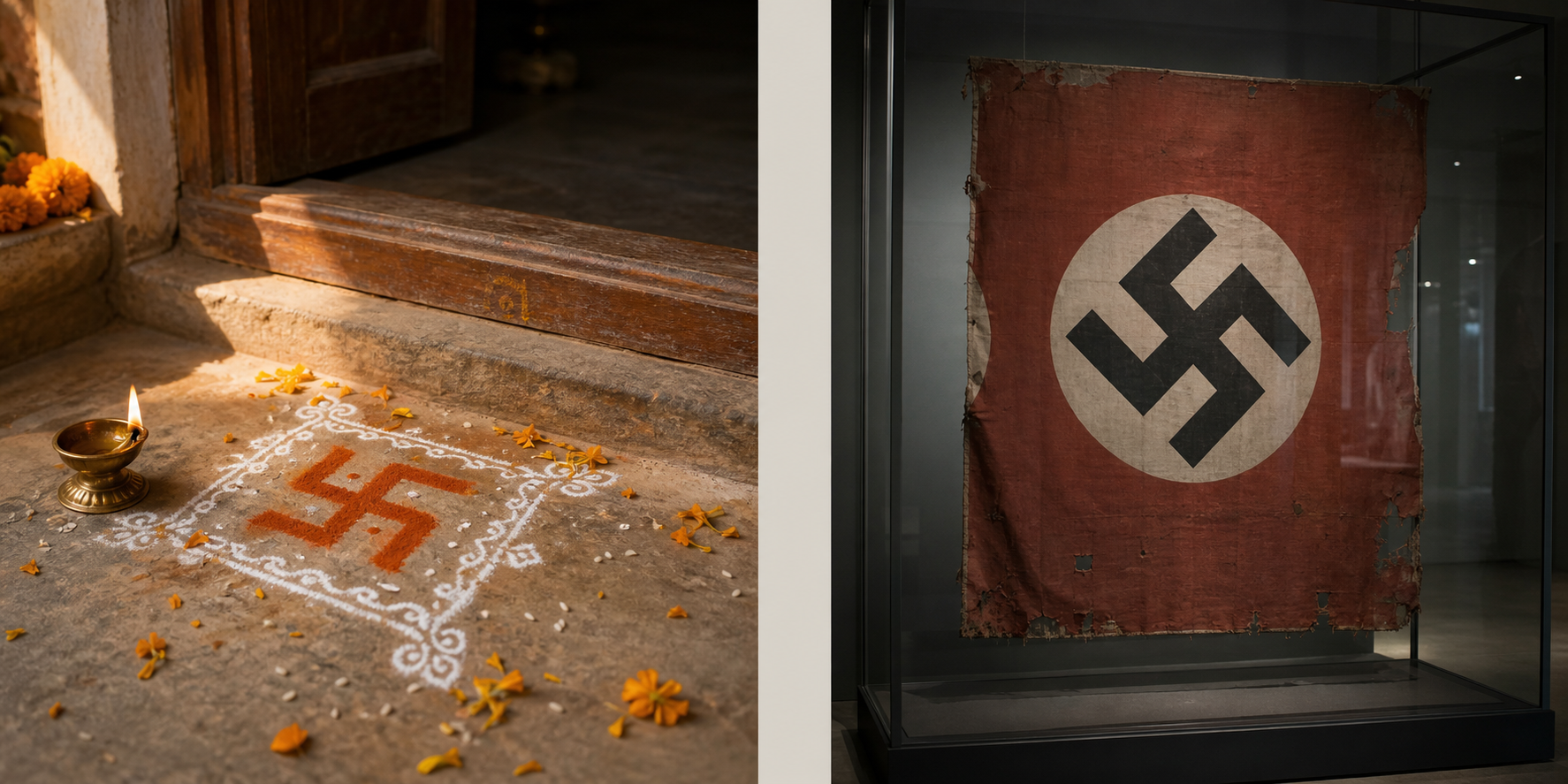 A split editorial scene shows an auspicious Swastika in a flower-decorated home threshold on one side and a Nazi Hakenkreuz on a faded banner behind museum glass on the other.