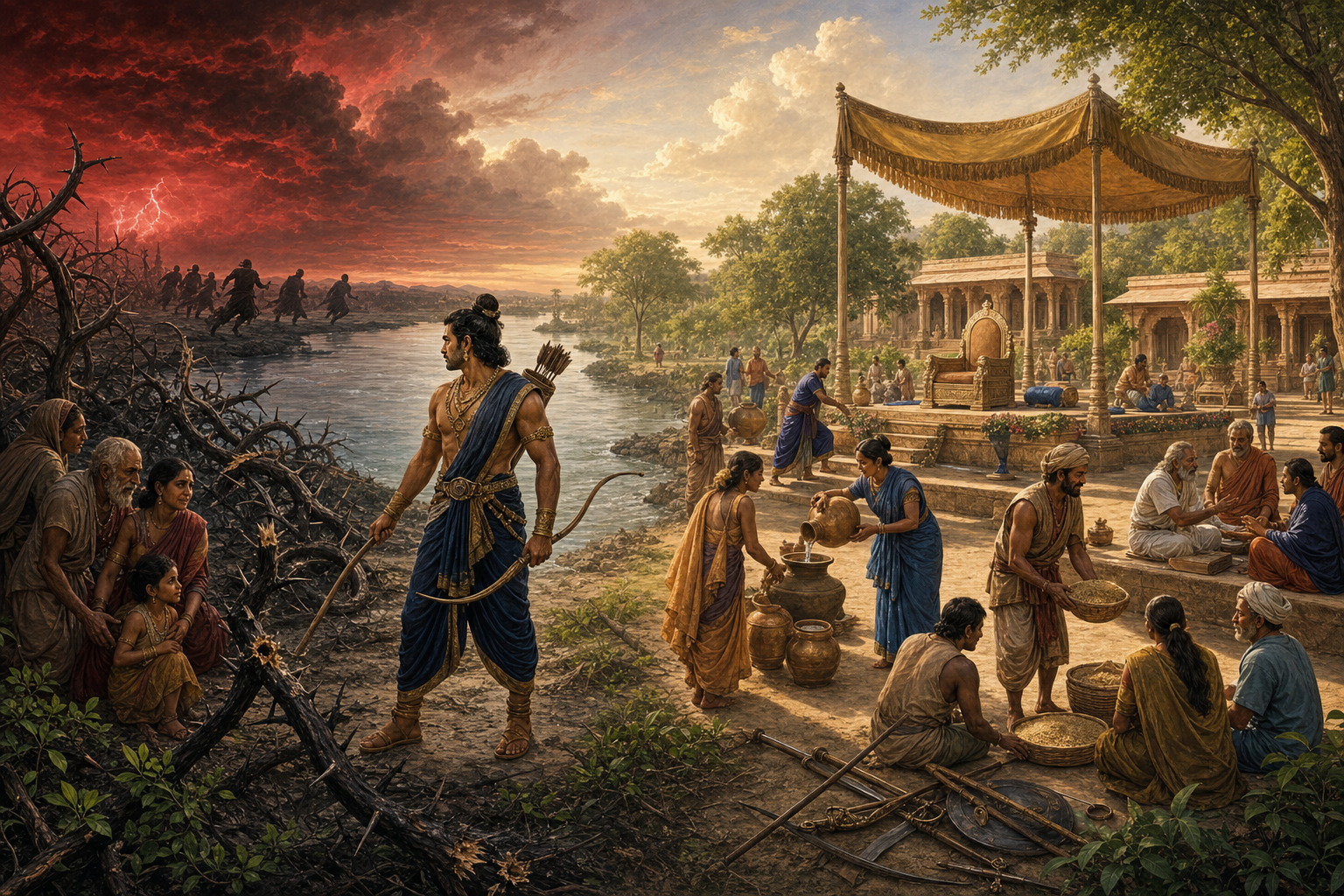 A warrior lowers his bow at a river boundary after freeing villagers from thorny vines, while a peaceful public courtyard beyond provides water, grain, shade, and justice.