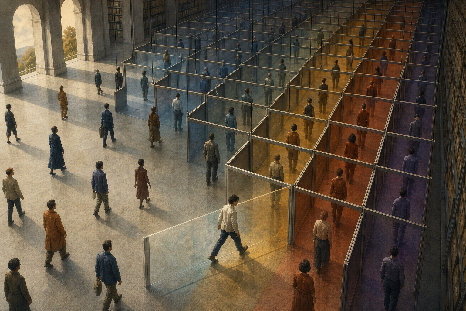 People cross an institutional hall as filing frames descend around them and cast increasingly rigid rectangular divisions across the floor.