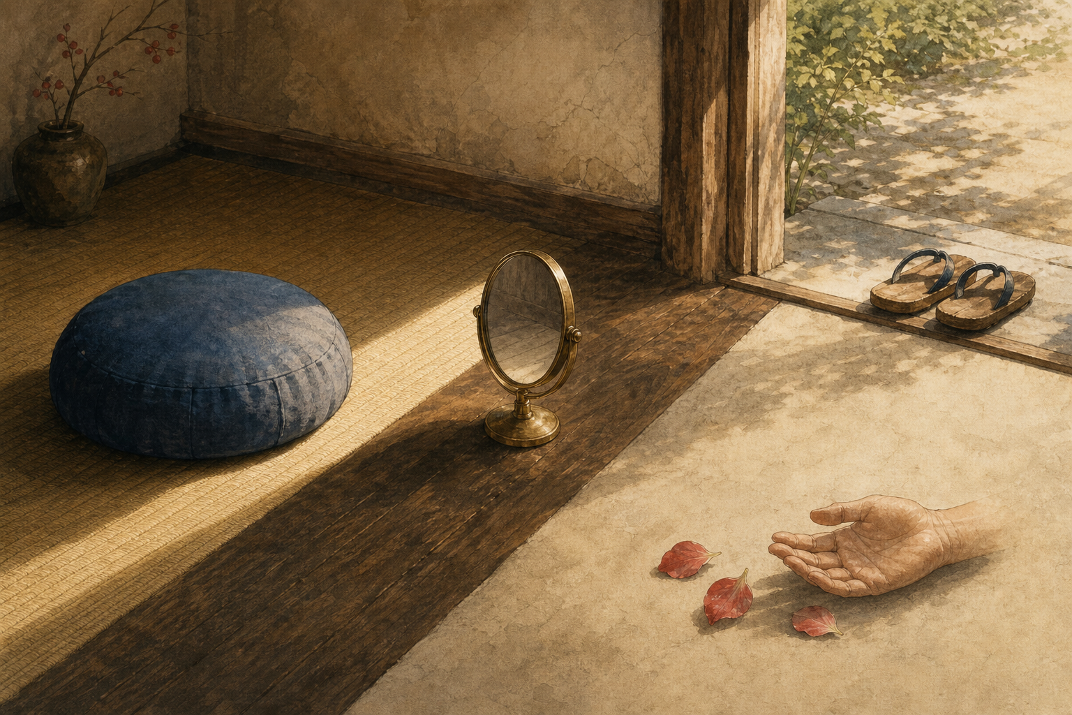 A meditation cushion, bronze mirror, fallen flower petals, and worn sandals are arranged in separate areas of a sunlit room.