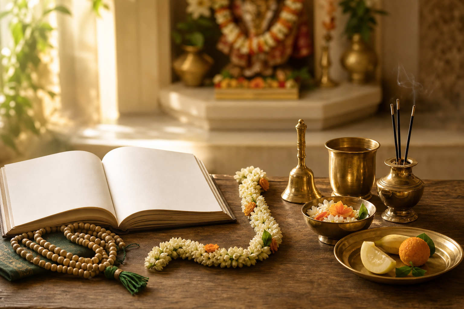 Tulasi prayer beads and an open sacred book sit beside brass worship vessels, flowers and an offering plate joined by a garland.
