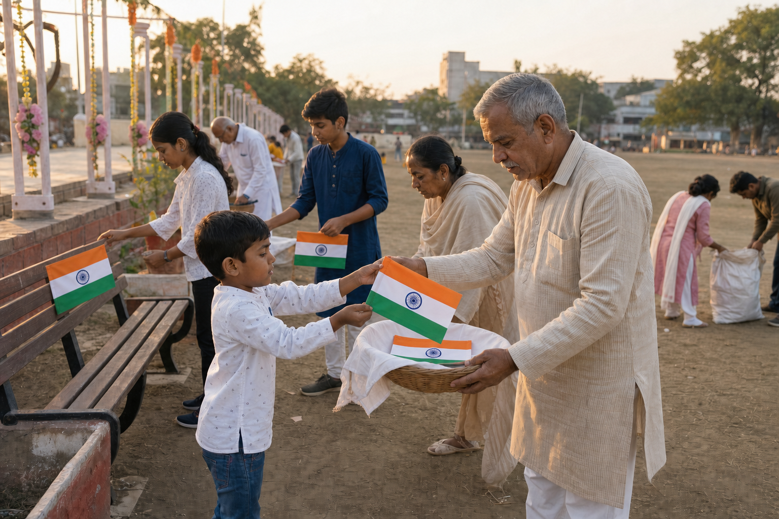 A child hands an Indian flag to an older volunteer as residents in Buldhana separate flag collection from ordinary post-event litter cleanup.