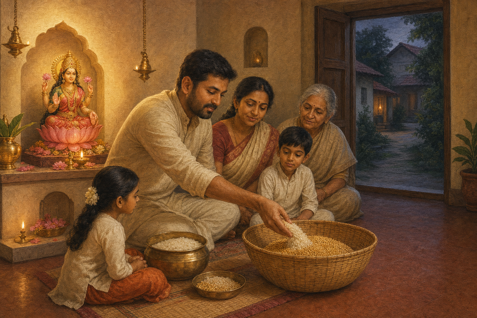 A family beside a Lakshmi altar places grain into a basket near an open doorway while brass lamps illuminate flowers and offerings.