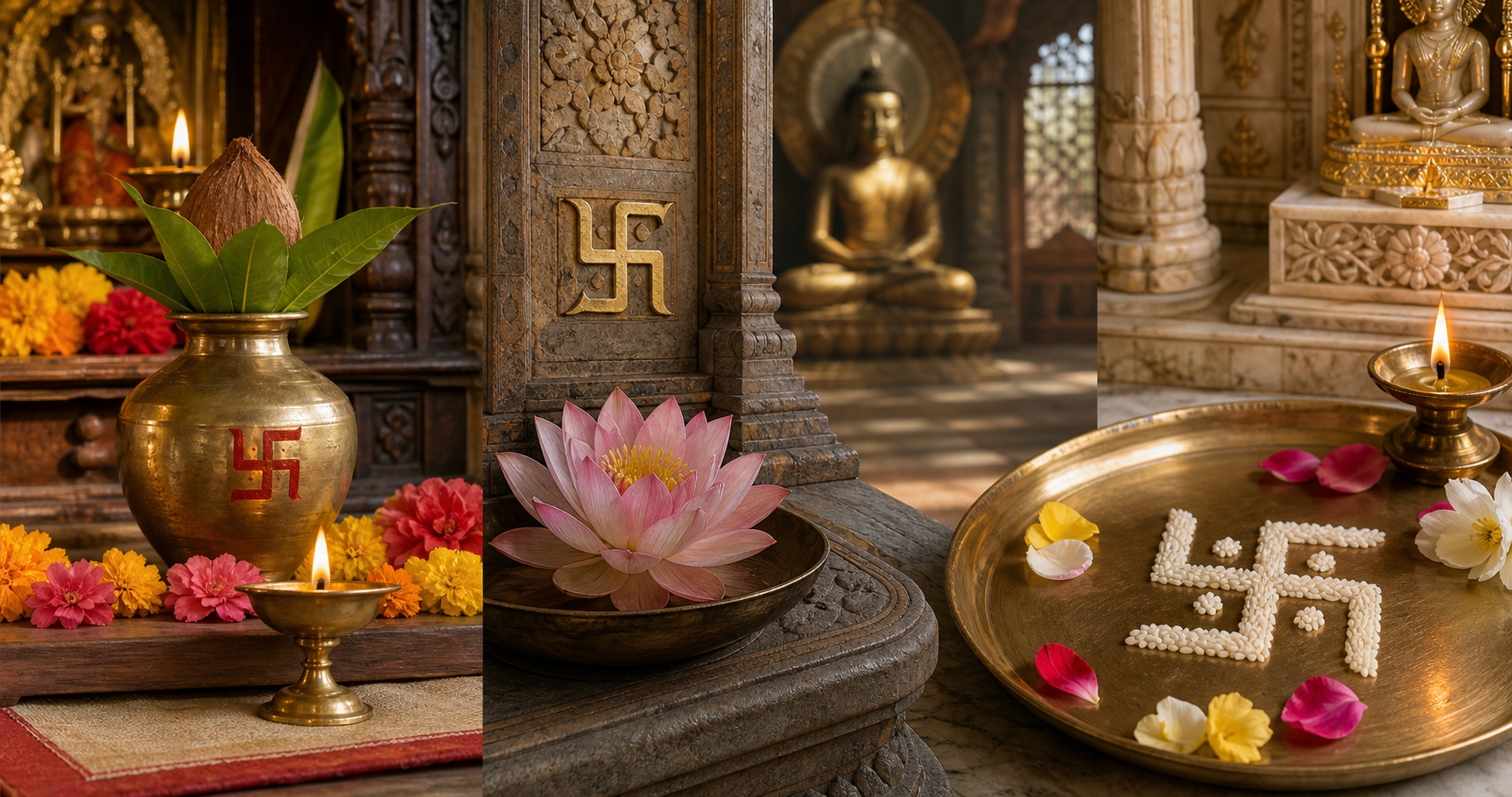 Three sacred settings show Swastika motifs on a Hindu ritual vessel, in Buddhist temple ornament, and in a Jain rice-grain offering.