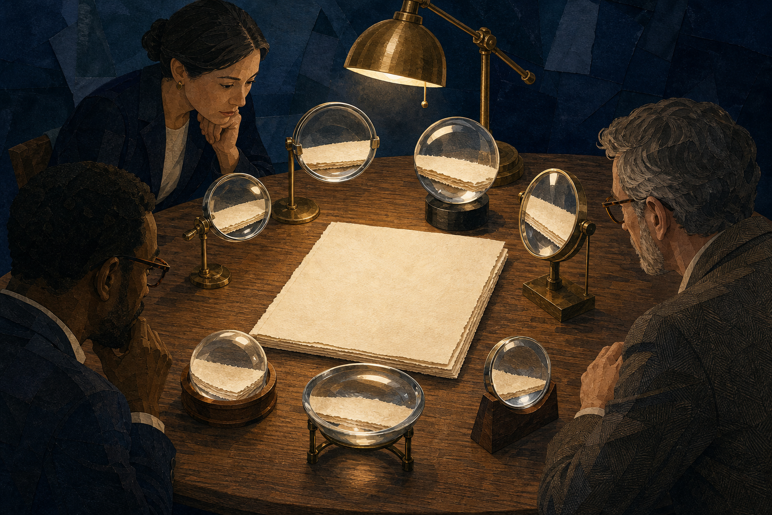 Seven different glass lenses focus light onto one blank policy folio while three reviewers examine it around a drafting table.