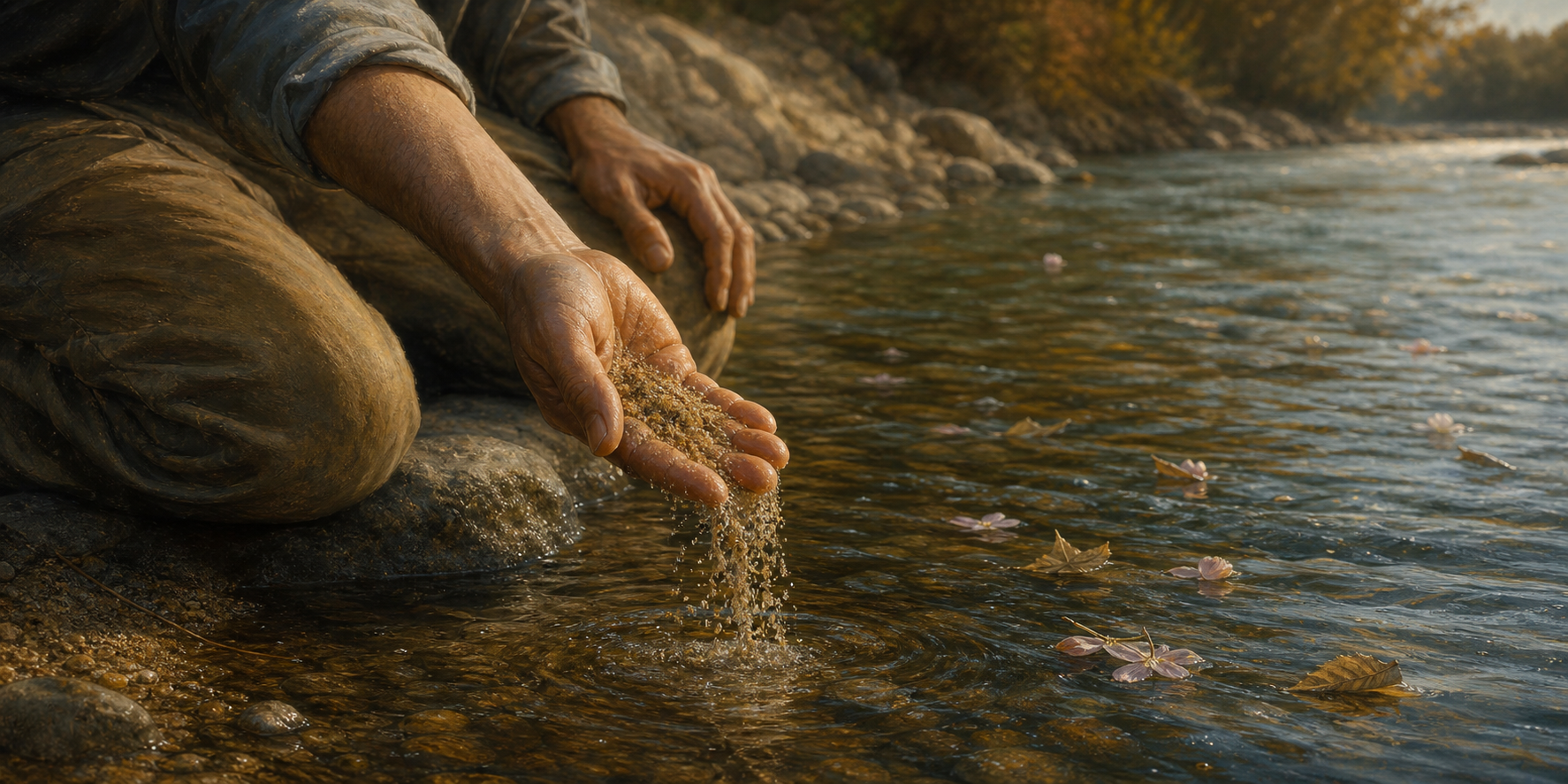 A kneeling person opens a hand and lets wet sand fall into a flowing river.