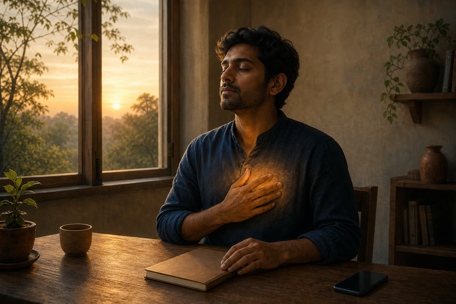 A person sits at a dawn-lit desk with a hand over their heart, a closed notebook nearby, and a smartphone placed to one side.