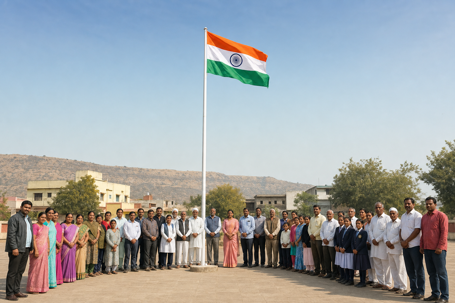 Residents of different ages and occupations stand together beneath the Indian national flag in a public courtyard in Buldhana.